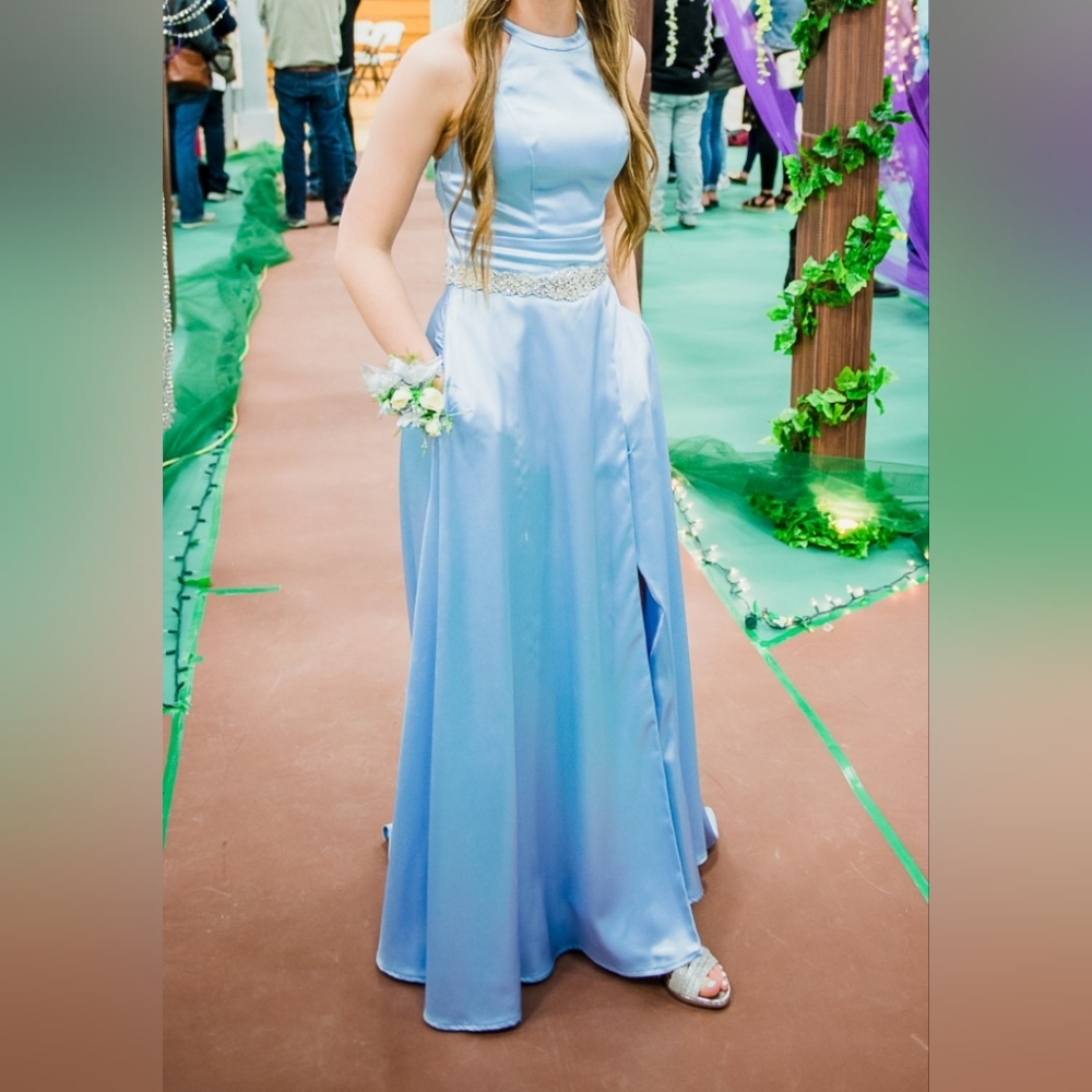 Mori Lee Light Blue Prom Dress with Silver Accents